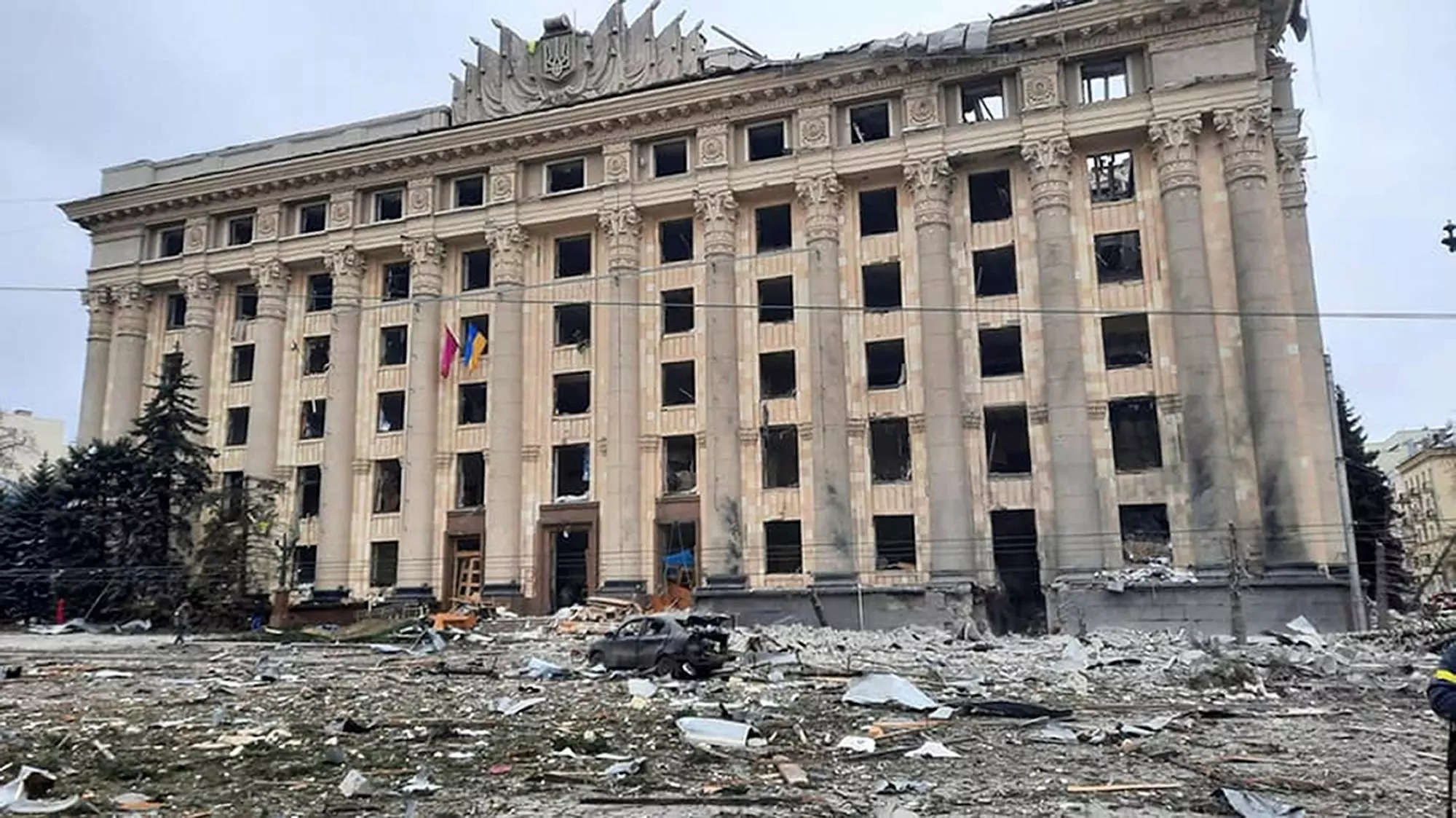 The damaged City Hall building in Kharkiv, Ukraine, Tuesday, March 1, 2022