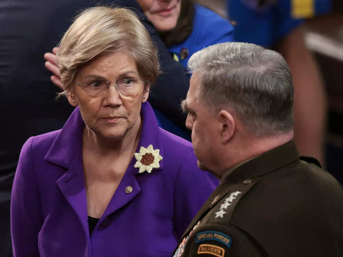 Senator Elizabeth Warren of Massachusetts showed her support for Ukraine with a sunflower pin.