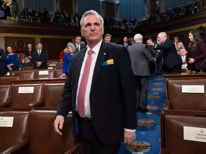 House Minority Leader Kevin McCarthy of California wore a Ukrainian flag as a pocket square.