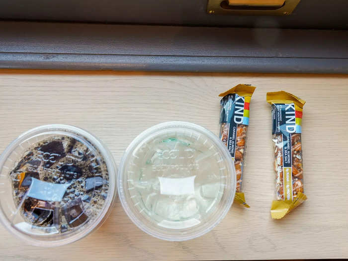 I ordered water, an iced coffee, and a Kind bar. The server gave me an extra one.