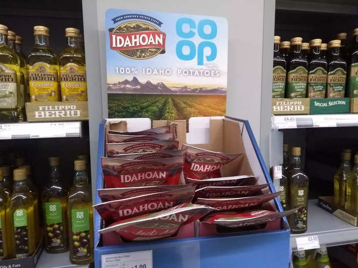 I was also slightly surprised to see a stand in a Co-op store dedicated to instant mashed potatoes made by Idahoan, with signage that focused on "100% Idaho potatoes."