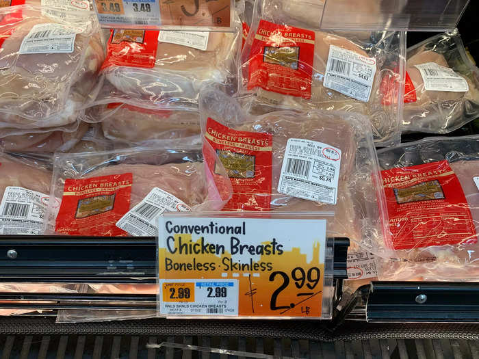 The difference was even greater for chicken breasts at $2.99 per pound, compared to $2.18 and Walmart and just $1.89 at Aldi, over a dollar less.