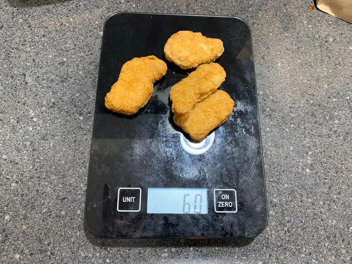 Four McNuggets are just slightly bulkier, at 60 grams.