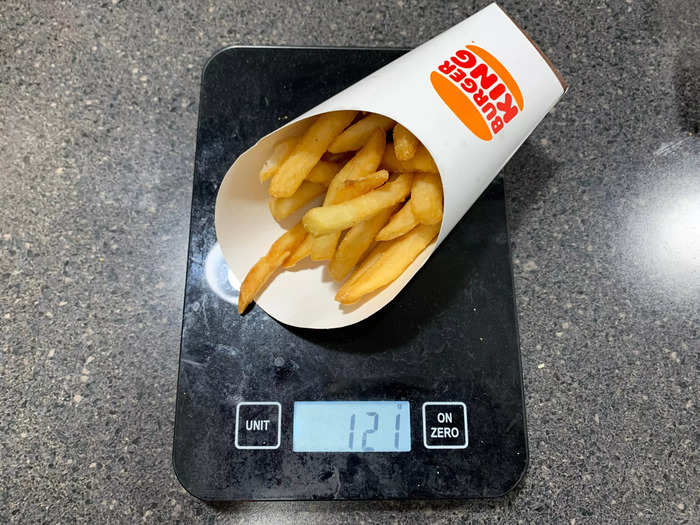 ...and $2.39 for 121 grams. At Burger King, the medium is actually a better deal being just 10 grams smaller than the large size.