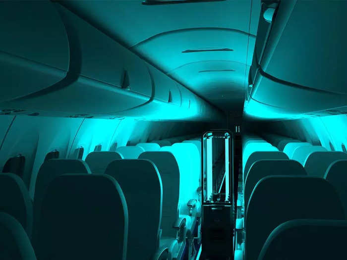 RAY is the first autonomous UVC disinfection robot specially designed for airliners. It uses motion-sensing technology to move up and down aircraft aisles and navigate throughout the galleys.