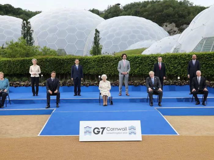 The Queen elicited laughs from world leaders during a photo-op at the 2021 G7 Summit when she asked, "Are you supposed to be looking as if you