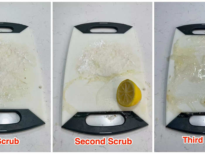 Simply put the items on the plastic cutting board and scrub with a lemon peel.