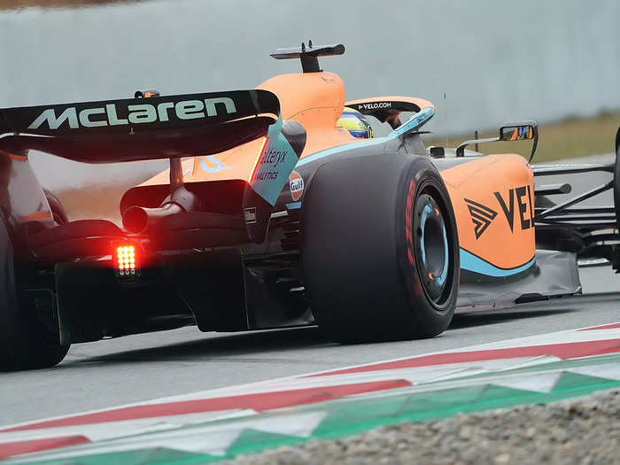 An image of the 2022 McLaren F1 car during testing in Barcelona in February 2022.