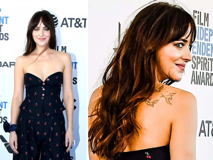 Months later, Johnson wore a strapless, cherry-print shirt with matching pants for a red-carpet event. While there, she revealed a new arm tattoo.