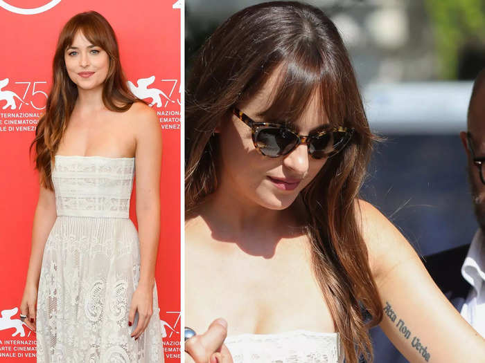 The actress wore a semi-sheer, strapless dress to the Venice Film Festival in 2018, and showed one of her arm tattoos while there.