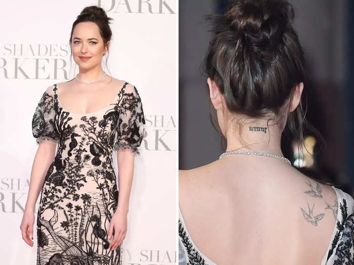 The following year, she wore an ocean-inspired dress that showed two of her tattoos at once.