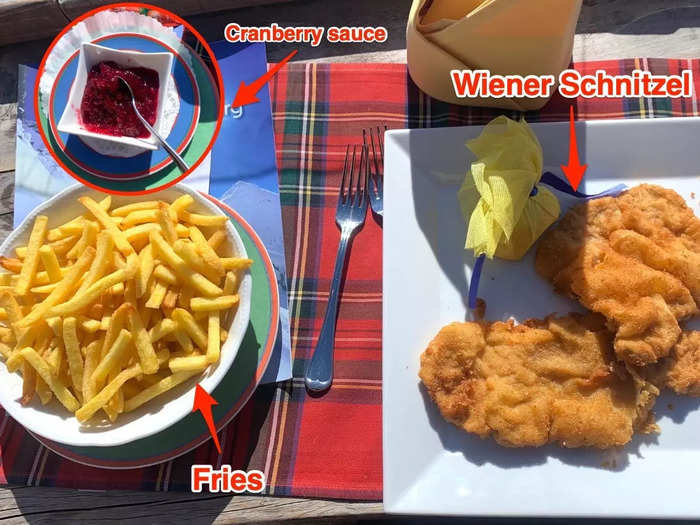 For lunch, I ordered an Austrian classic: Wiener schnitzel with cranberry sauce, lemon wedges, and a massive side of fries.