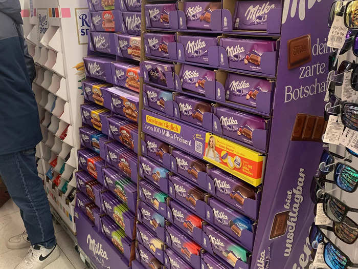 As I headed around the corner, I saw a wall of Milka chocolates with flavor variations including strawberry cheesecake, peanut caramel, and yogurt.