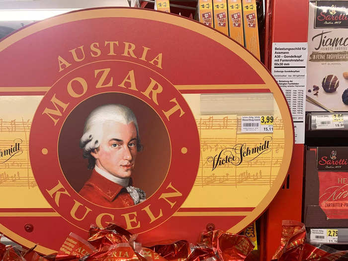 These Mozart-themed chocolates explained the Mozart cardboard cutout at the entrance.