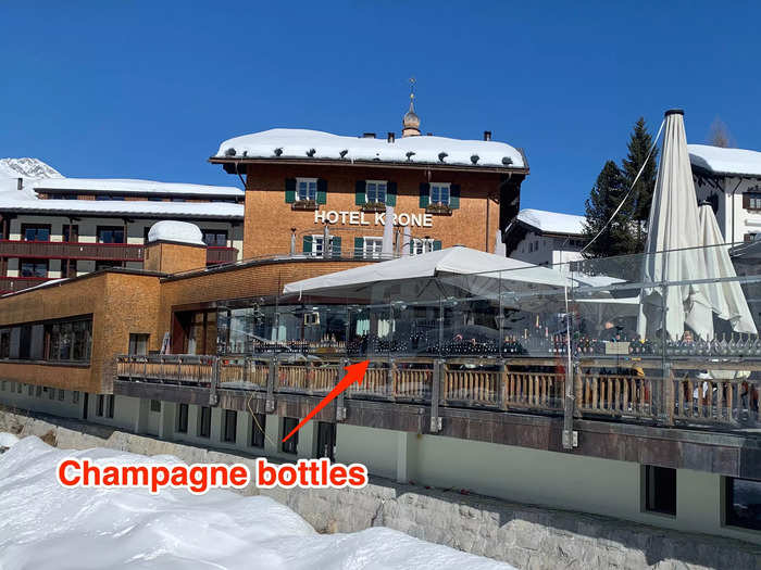 Restaurants and bars on the high street were decorated with fancy Champagne bottles.