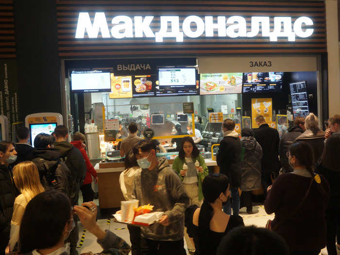 Before the restaurants closed, Russian people crowded inside McDonald