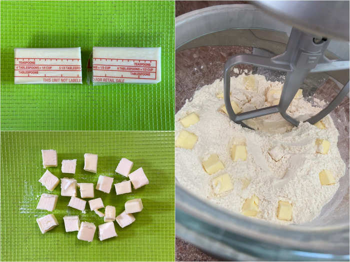 Half a stick of cold, cubed butter then gets mixed into the dry ingredients.