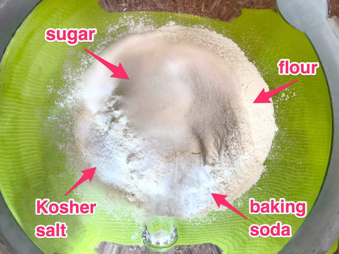 I combined the dry ingredients, including baking soda, which helps the bread rise when it bakes.