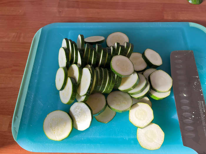 First, chop your zucchini into half-inch discs.