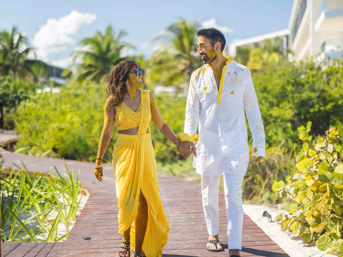 The couple wore yellow for their Haldi, a ritual during which the two get cleansed before officially getting married.