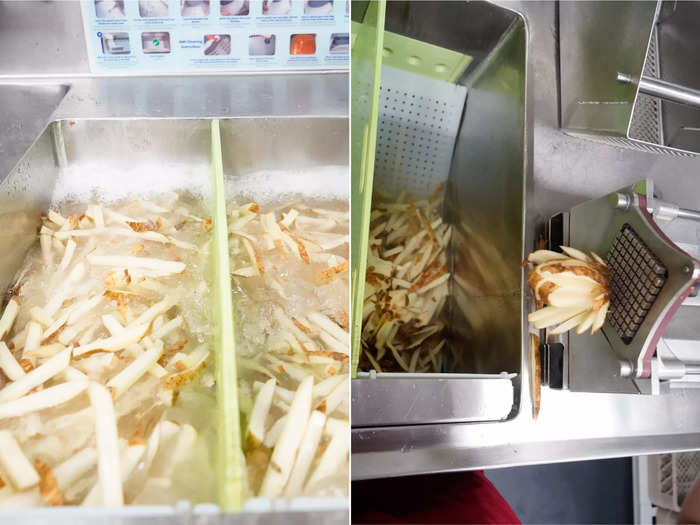 The fry process starts with cutting and cleaning the potatoes.