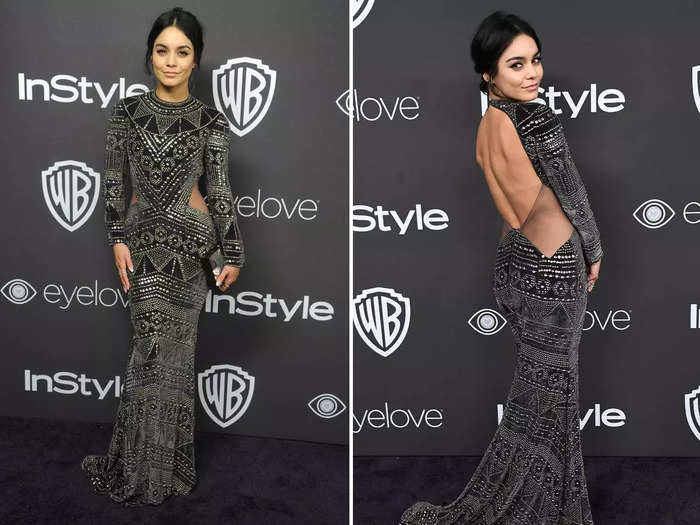 She wore another black dress in January 2017 for a Golden Globes after-party. The studded, long-sleeved design had cutouts at the waist, an open back, and sheer panels at her hips.