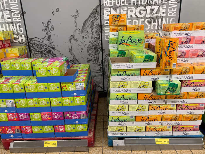 Aldi does sell some well-known brands like LaCroix, but the Aldi private-label version is stocked right next to it.