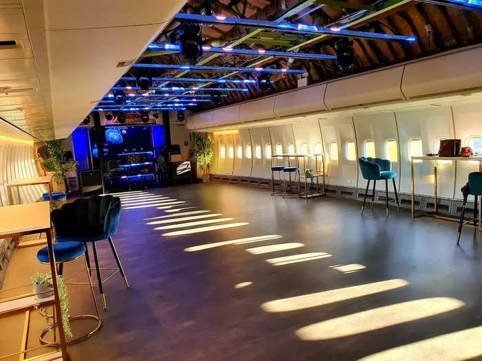 The flightless Queen of the Skies has been renovated into an event space, complete with a dance floor, DJ, galley bar, and strobe lights.