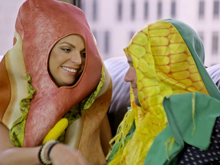 Danielle and Nick had a tense discussion while dressed up as a hot dog and a stalk of corn.