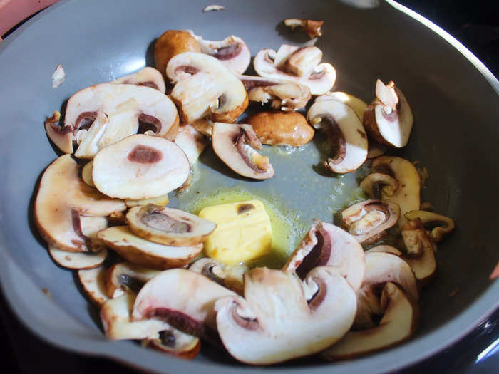 I added about a tablespoon of Irish butter to the skillet and let the mushrooms cook slightly down before adding the tomatoes.