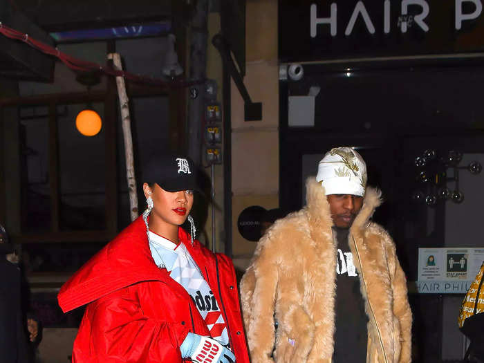 While stepping out in New York City with partner A$AP Rocky, Rihanna continued to style oversized sportswear with luxury touches.