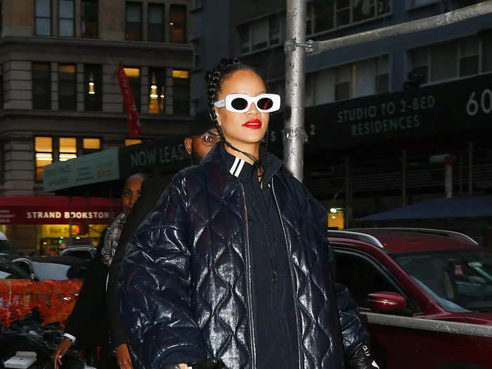 In the months before she announced her pregnancy, Rihanna stuck to oversized styling with big coats like this one.