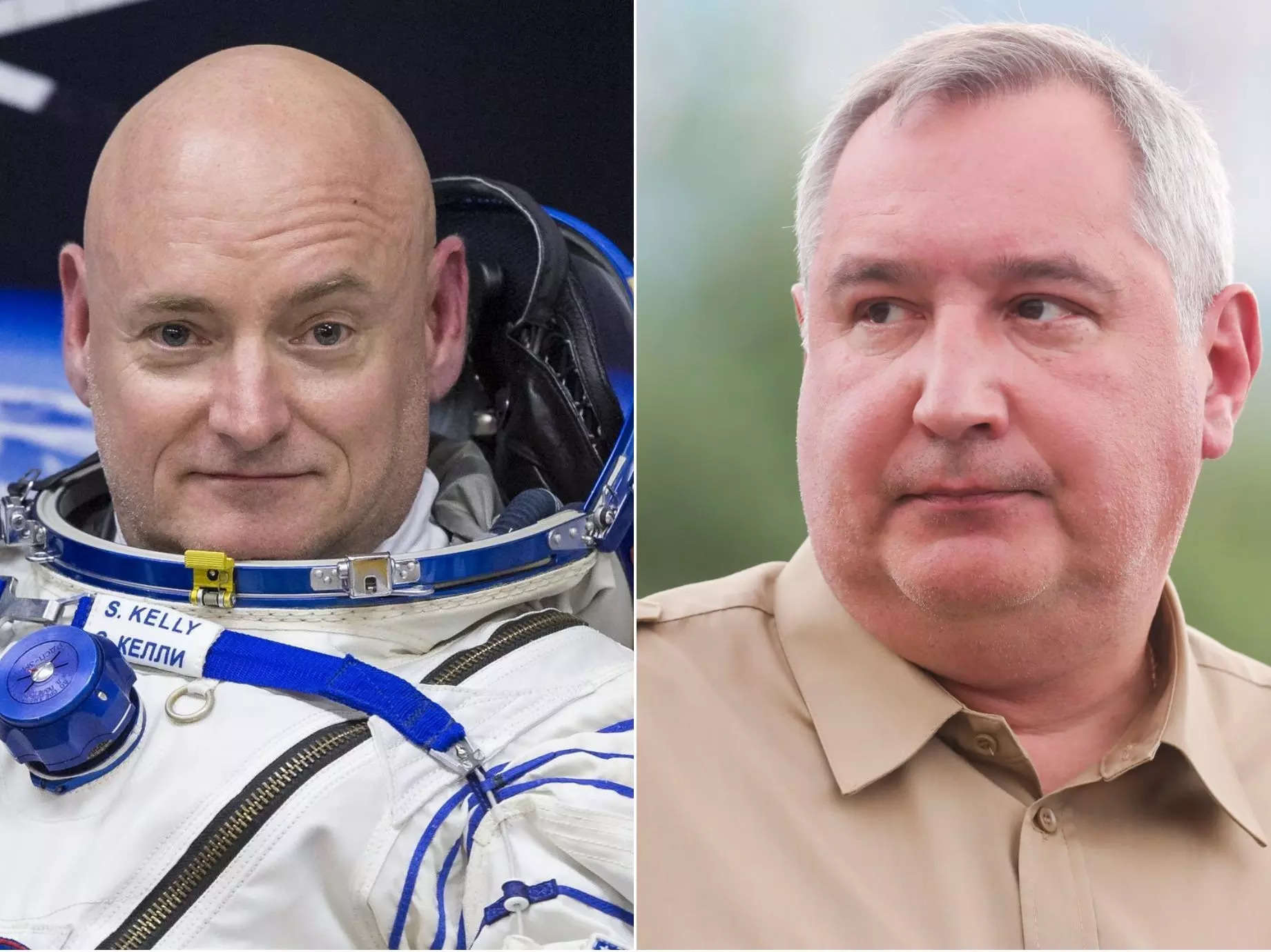 nasa astronaut scott kelly and russian space official dmitry rogozin portraits side by side
