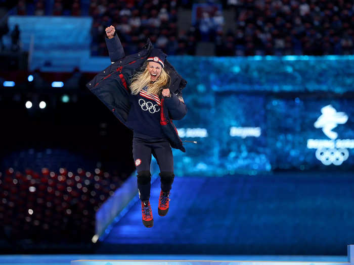 2/20: Cross-Country skiing silver medallist Jessie Diggins of Team USA celebrates during the closing ceremony at the Beijing Olympics.