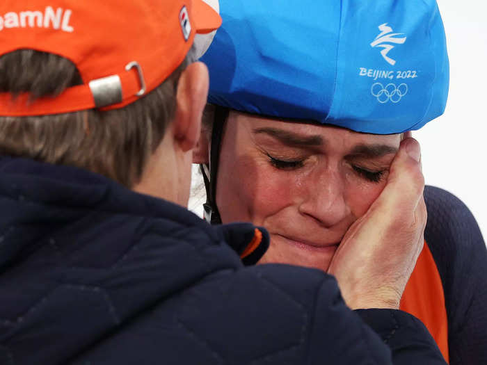 2/19: Irene Schouten of Team Netherlands celebrates with a team member after winning the gold medal in the Women