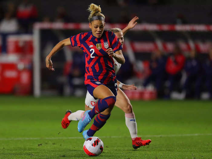 2/17: Trinity Rodman of USWNT controls the ball during a match against the Czech Republic as part of 2022 SheBelieves Cup in Carson, Calif.