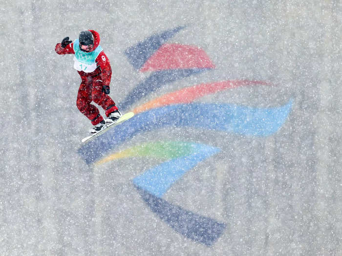 2/13: Jasmine Baird of Canada performs a trick during a Snowboard Big Air training session at the Beijing Olympics.