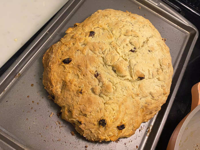 Ta-da! After 50 minutes, I pulled out a pretty legitimate-looking loaf of Irish soda bread.