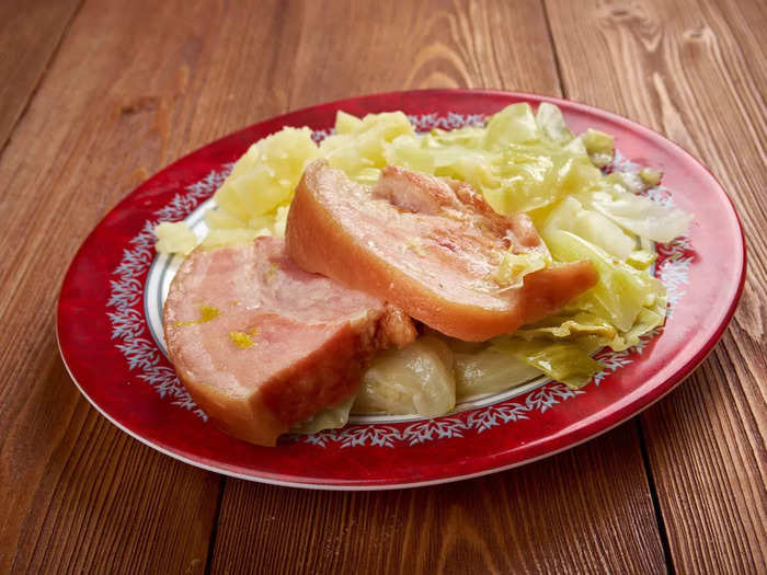 Boiled bacon and cabbage is the traditional Irish dish that corned beef and cabbage is based on.