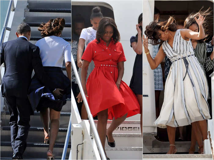 In some wardrobe-malfunction near-misses, Michelle Obama had to battle the wind quite a few times to keep from flashing paparazzi.