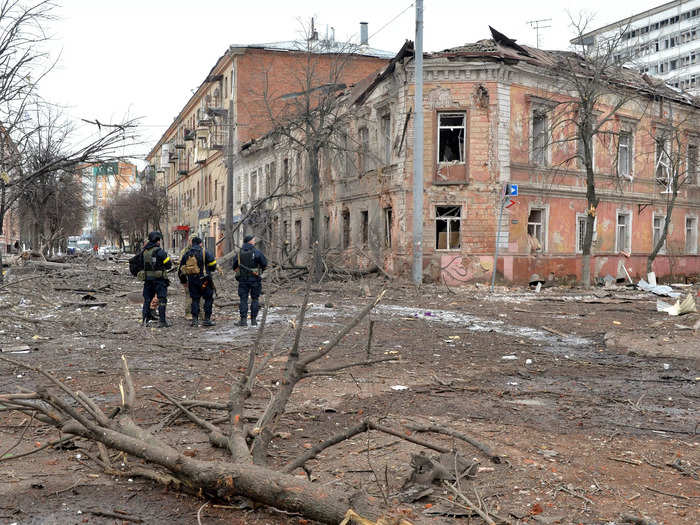 The photo below shows a street in Kharkiv in ruins on March 7.