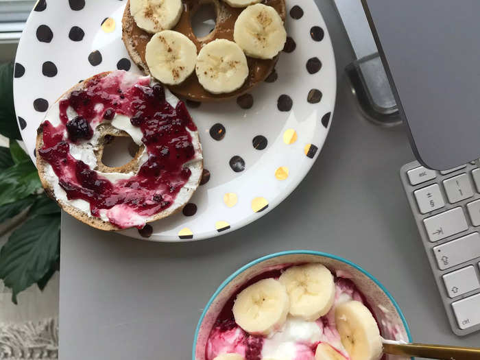 3. A whole grain bagel with peanut butter and banana, and Greek yogurt with blueberries on the side