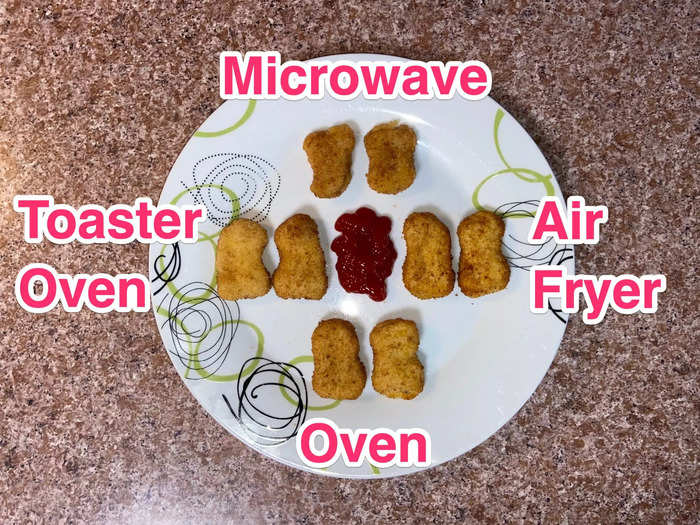 The different methods gave the nuggets a similar appearance, but I thought the microwaved ones looked very unappetizing.