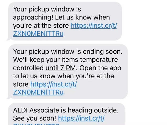 Aldi definitely erred on the side of over-communicating, sending multiple messages about my pickup window closing, and alerting me when the worker was preparing my order.