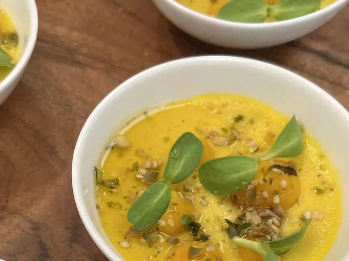 Brandt and Rafreedie prepared a large spread for us to enjoy, including vegetarian butternut squash custard with sunflower shoots …