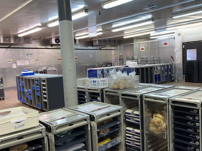 Once every dish is ready to go, they are stored in a "stage and holding cooler." The large room is where the international food sits before it is sent to the plane via truck.