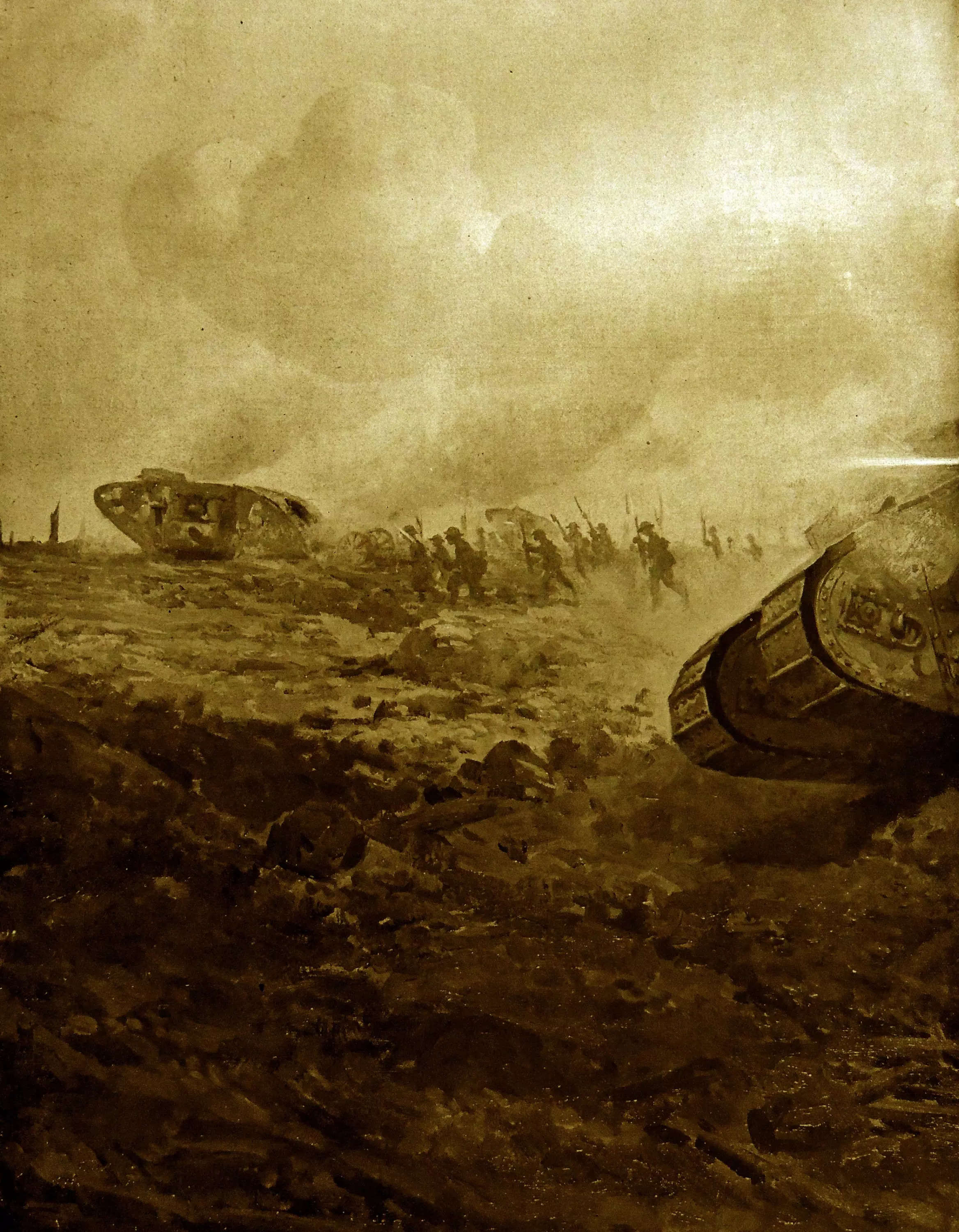 two tanks are seen among soldiers on a sepia battlefield