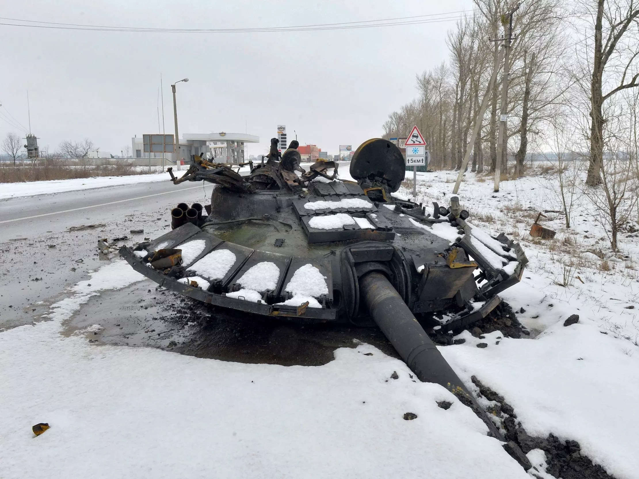 A piece of a Russian tank along a road outside of Kharkiv, Ukraine.