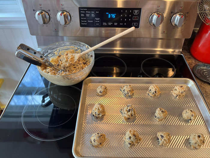 I used an ice cream scooper to form the dough into even balls on an ungreased baking sheet.