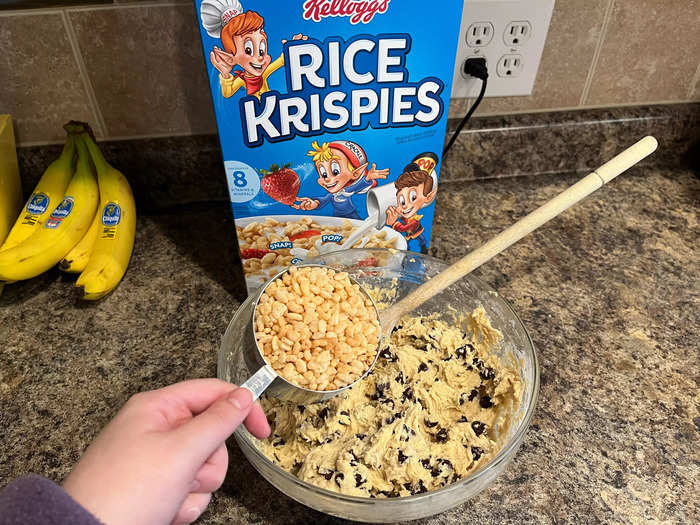 After all the Toll House ingredients were combined, I carefully folded in the Rice Krispies with a spoon.